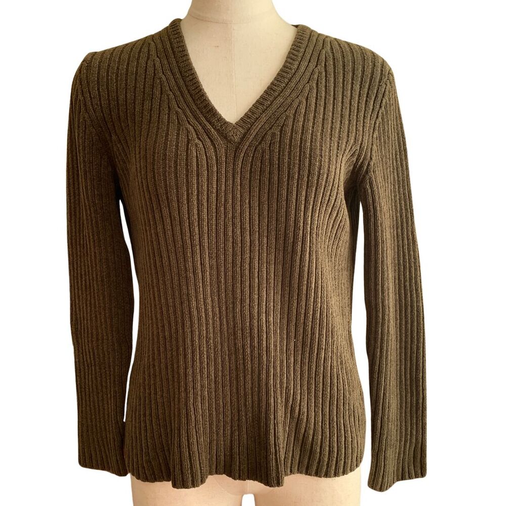 Eddie Bauer Women’s Ribbed Knit V-Neck Sweater Olive Green Size M